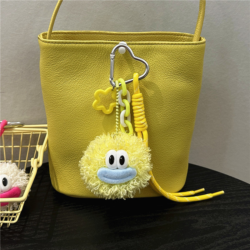 Fuzzy Pom Pom Face Plush Keychain - Yellow