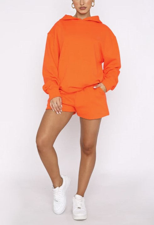 Oversized Hoodie And Drawstring Shorts Set - Orange - 2