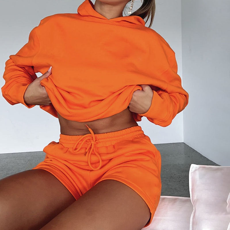Oversized Hoodie And Drawstring Shorts Set - Orange - 3