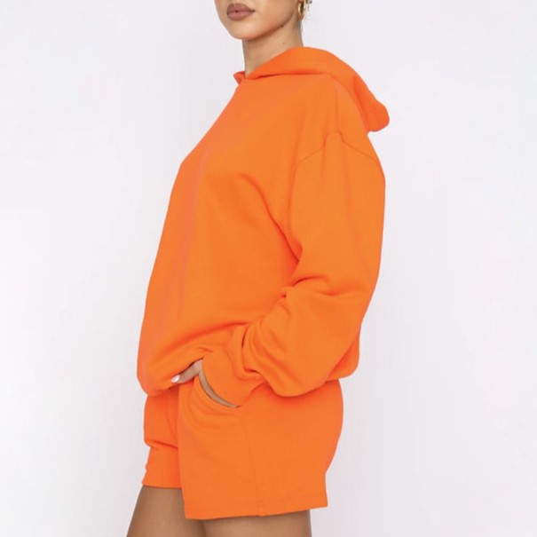 Oversized Hoodie And Drawstring Shorts Set - Orange - 4