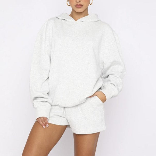Oversized Hoodie And Drawstring Shorts Set - grey
