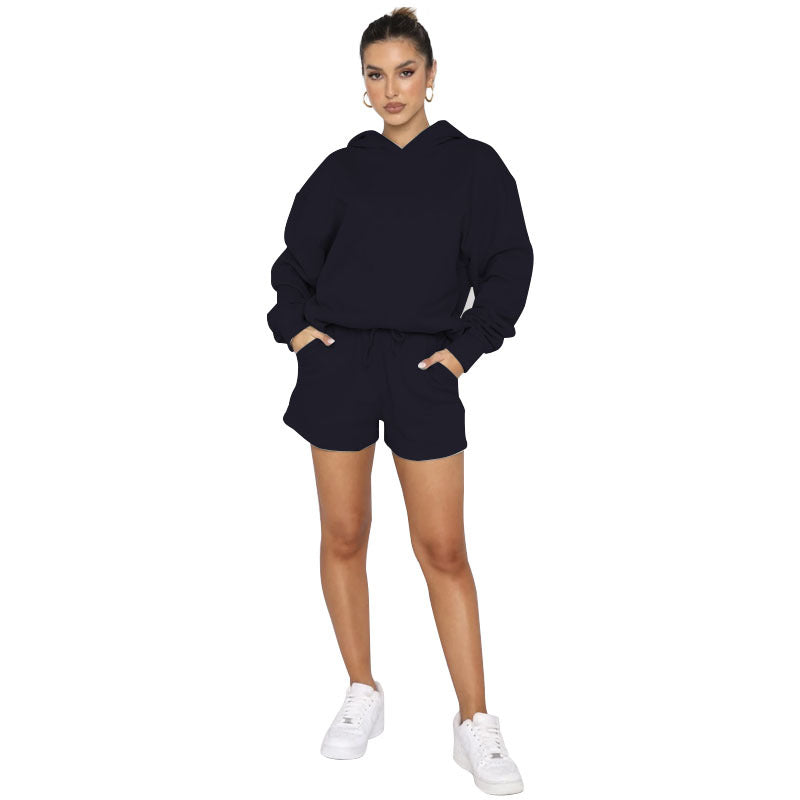 Oversized Hoodie And Drawstring Shorts Set - navy