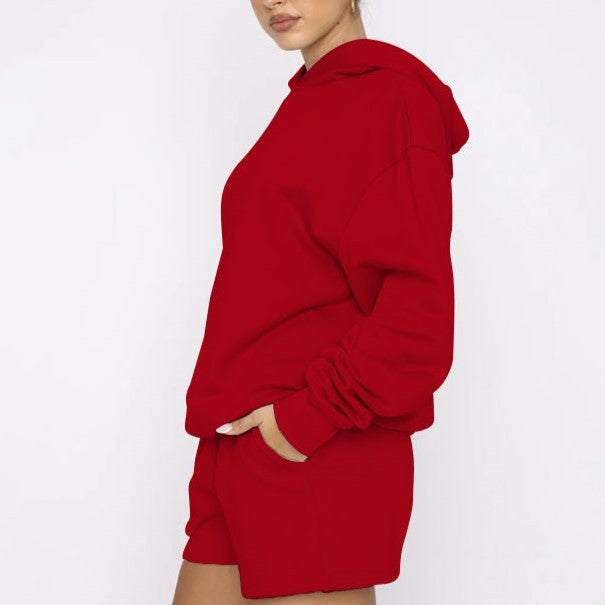 Oversized Hoodie And Drawstring Shorts Set - red - 1