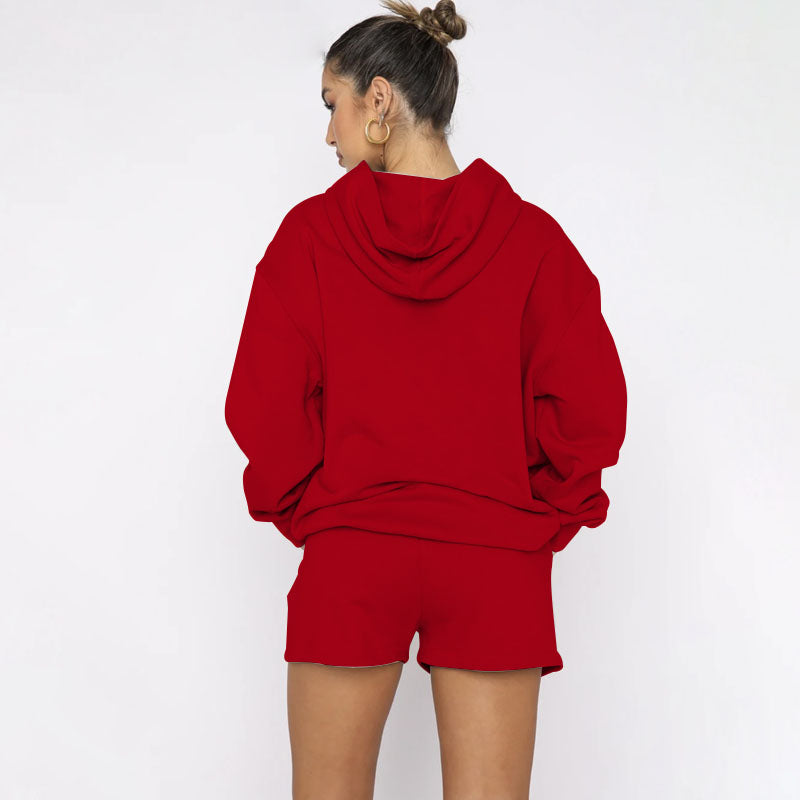 Oversized Hoodie And Drawstring Shorts Set - red - 2
