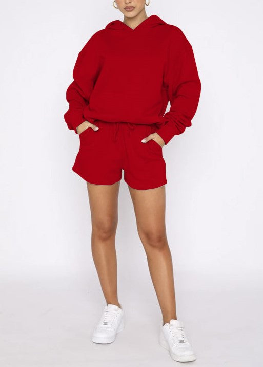 Oversized Hoodie And Drawstring Shorts Set - red - 3