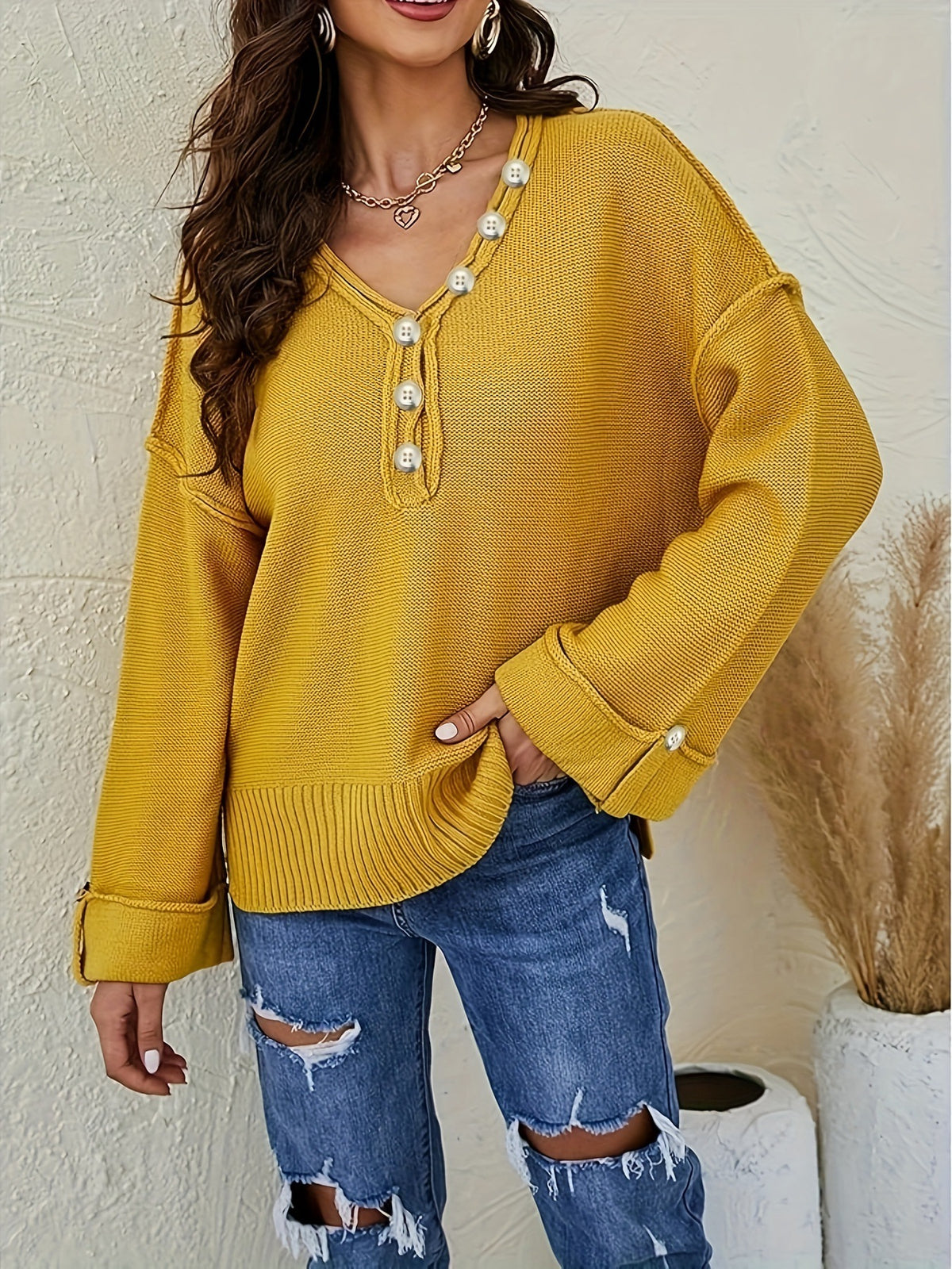 Pearl Button Henley V Neck Sweater - Yellow