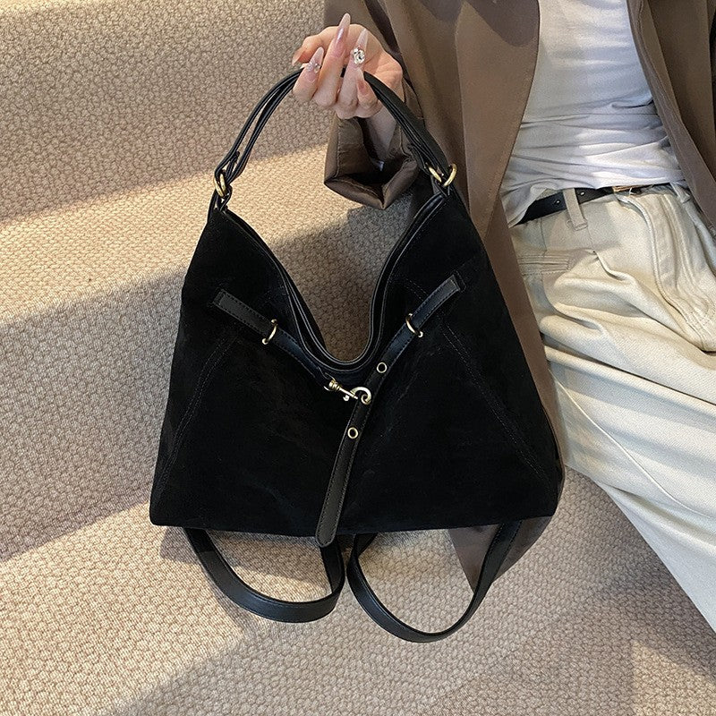 Belted Faux Suede Convertible Hobo Backpack - Black