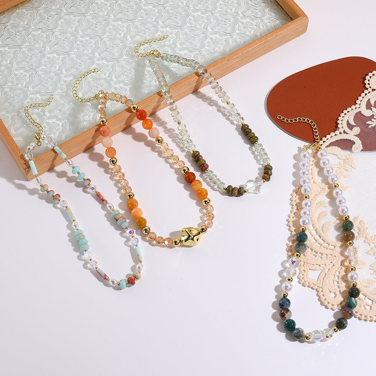 Beaded Crystal Stone Choker with Dainty Gold Charm - view 3