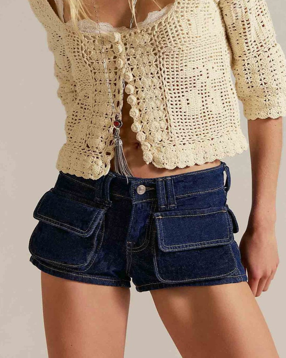 Low Rise Denim Shorts With Flap Pockets - DarkBlue