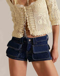 Low Rise Denim Shorts With Flap Pockets - DarkBlue