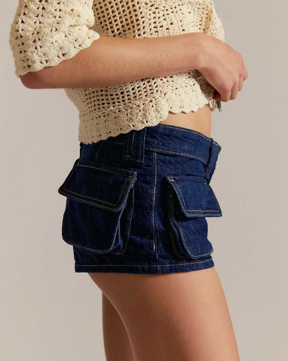 Low Rise Denim Shorts With Flap Pockets - DarkBlue - 1
