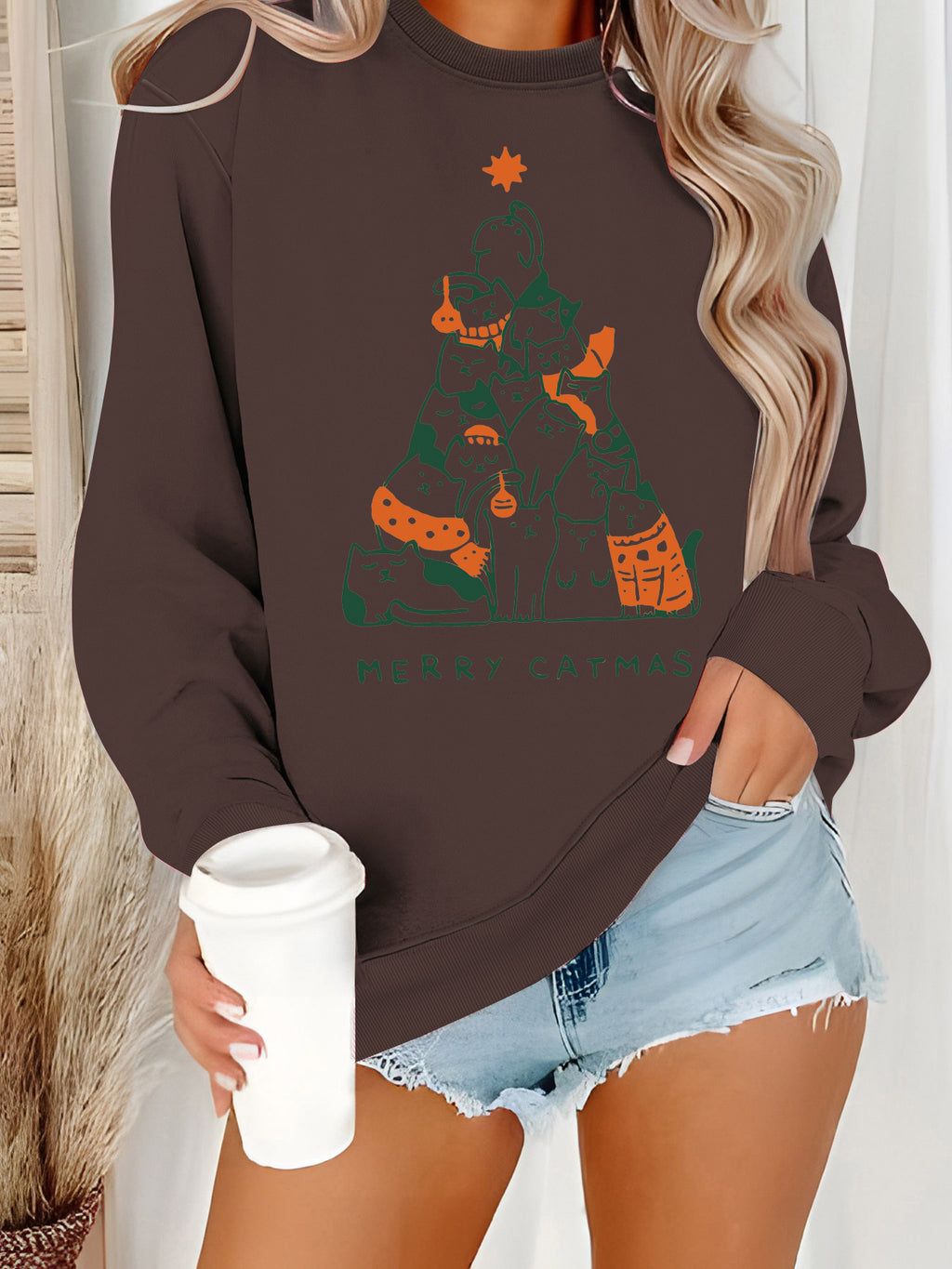 Christmas Cat Tree Graphic Sweatshirt - Coffee
