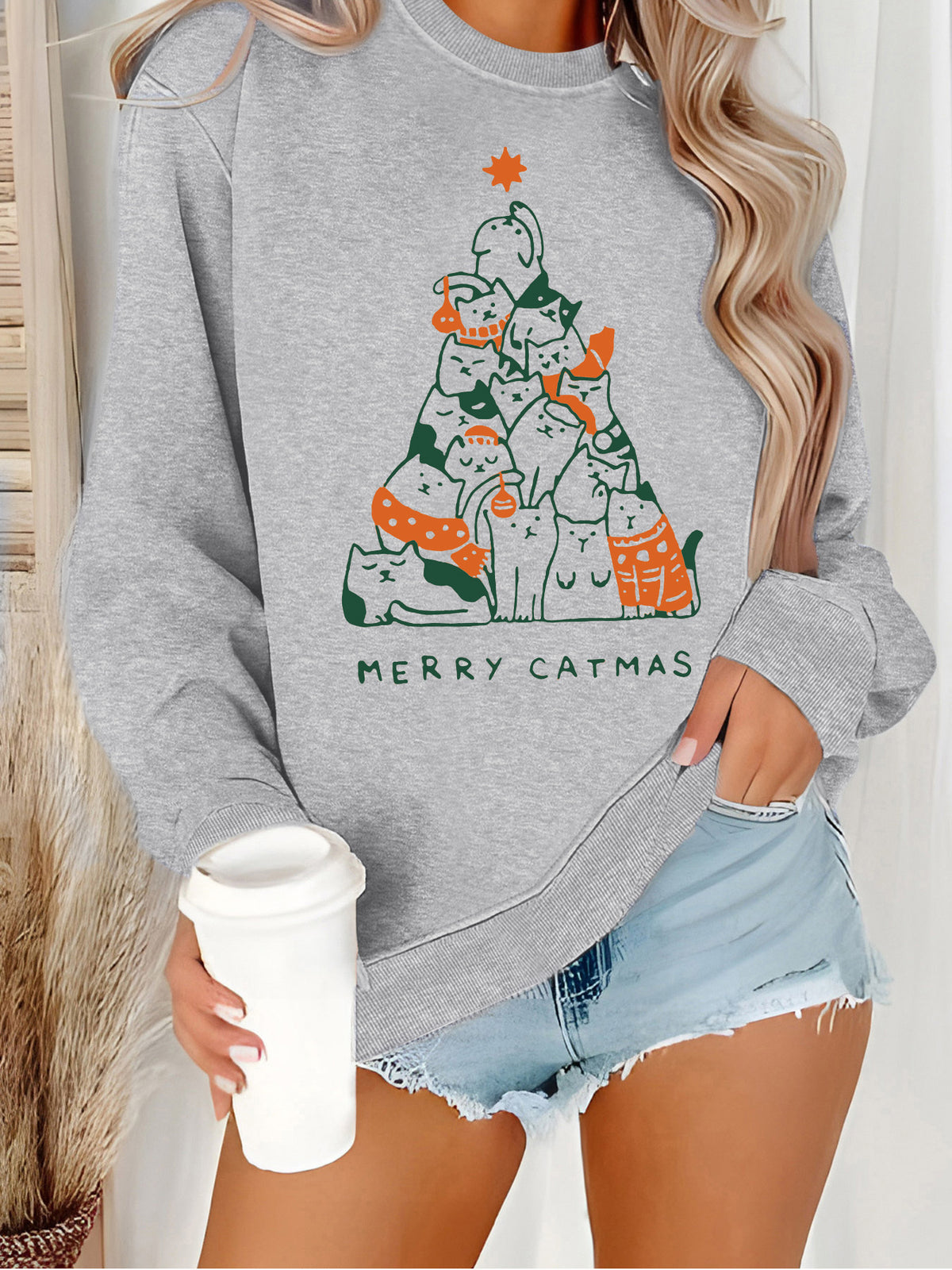 Christmas Cat Tree Graphic Sweatshirt - Grey