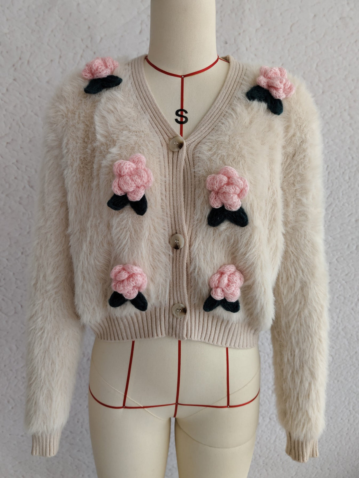 Fuzzy Knit Flower Applique Crop Cardigan - Apricot
