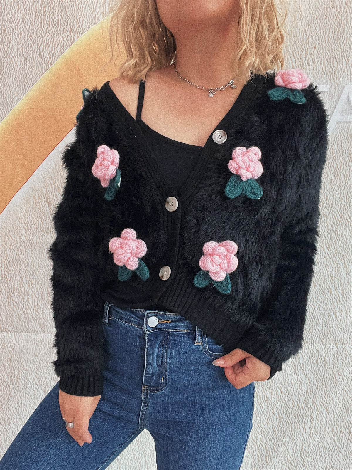 Fuzzy Knit Flower Applique Crop Cardigan - Black
