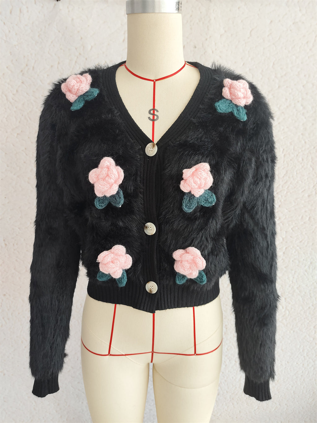 Fuzzy Knit Flower Applique Crop Cardigan - Black - 1
