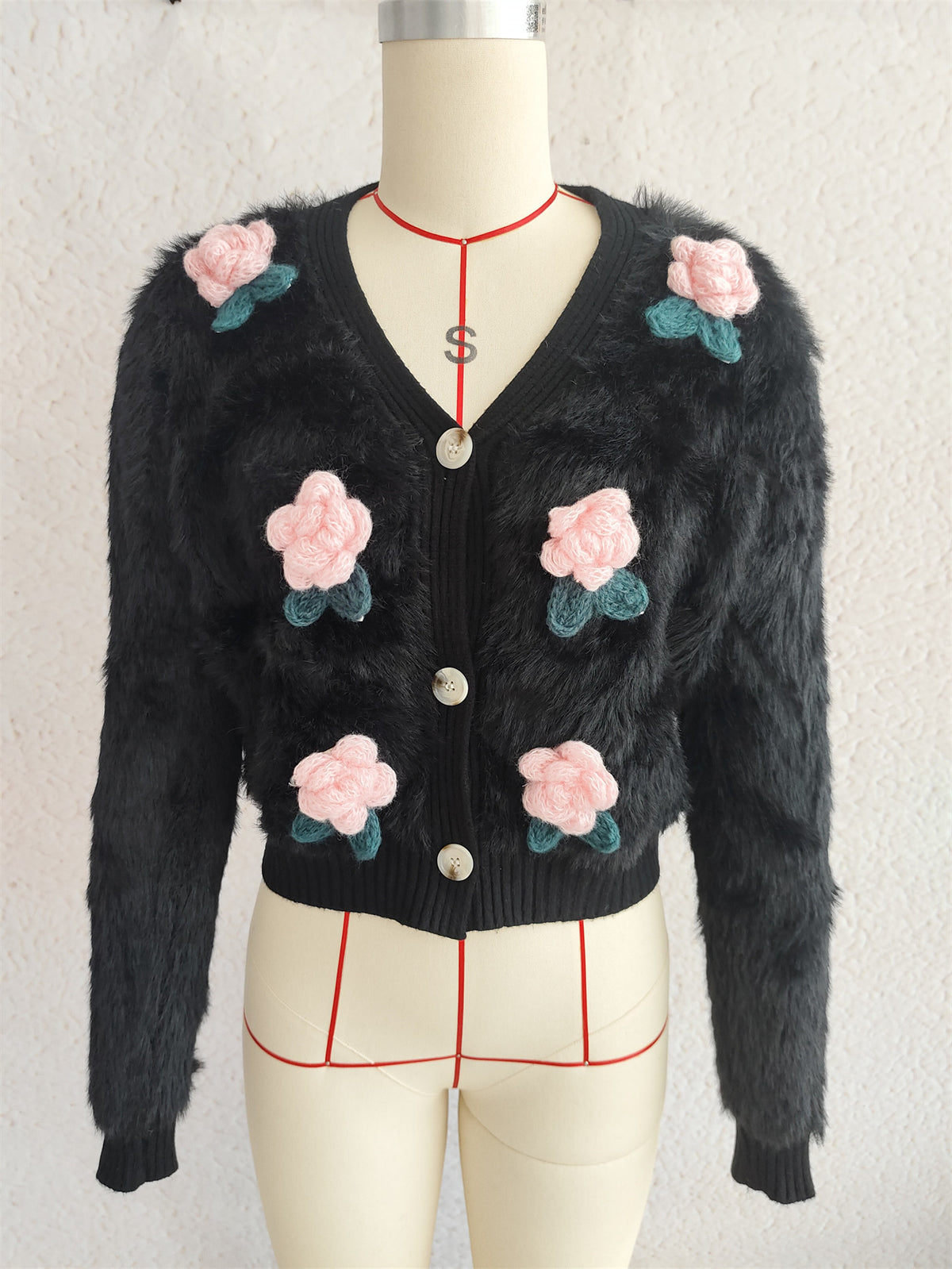 Fuzzy Knit Flower Applique Crop Cardigan - Black - 1
