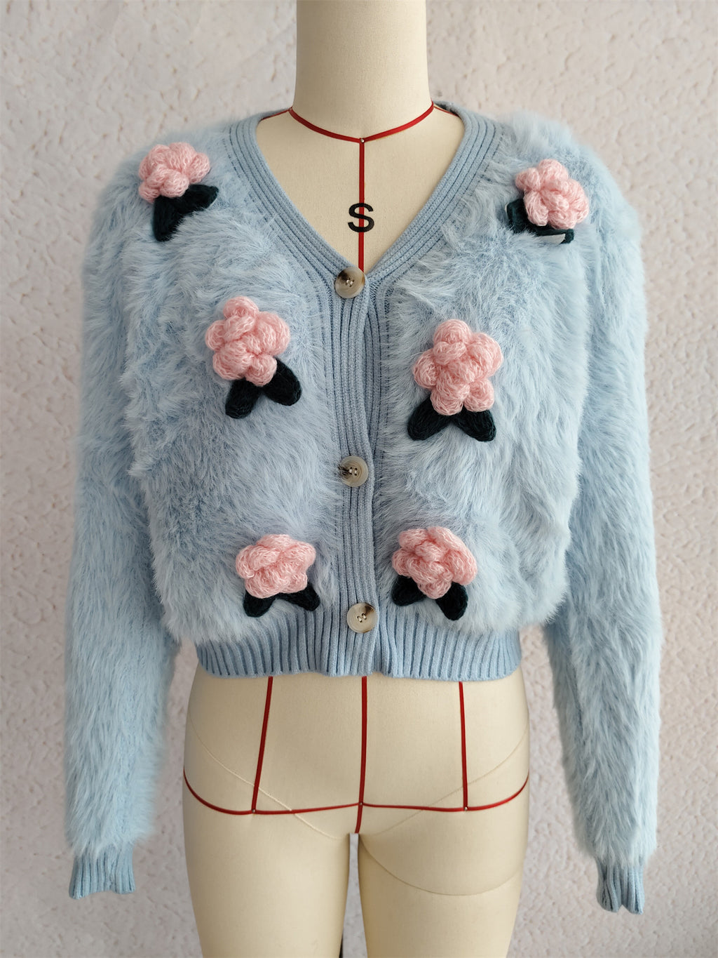 Fuzzy Knit Flower Applique Crop Cardigan - Blue