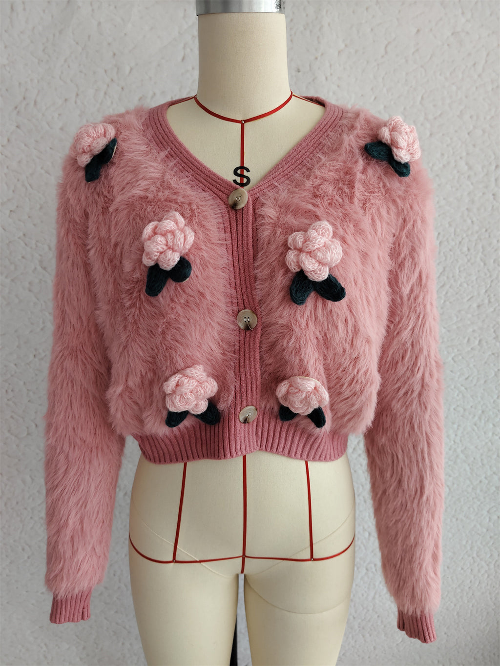Fuzzy Knit Flower Applique Crop Cardigan - Pink