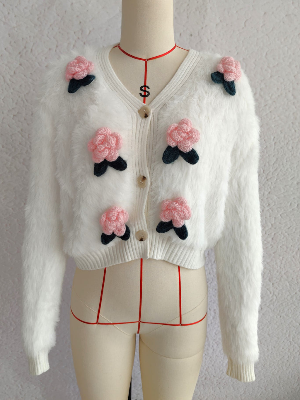 Fuzzy Knit Flower Applique Crop Cardigan - White