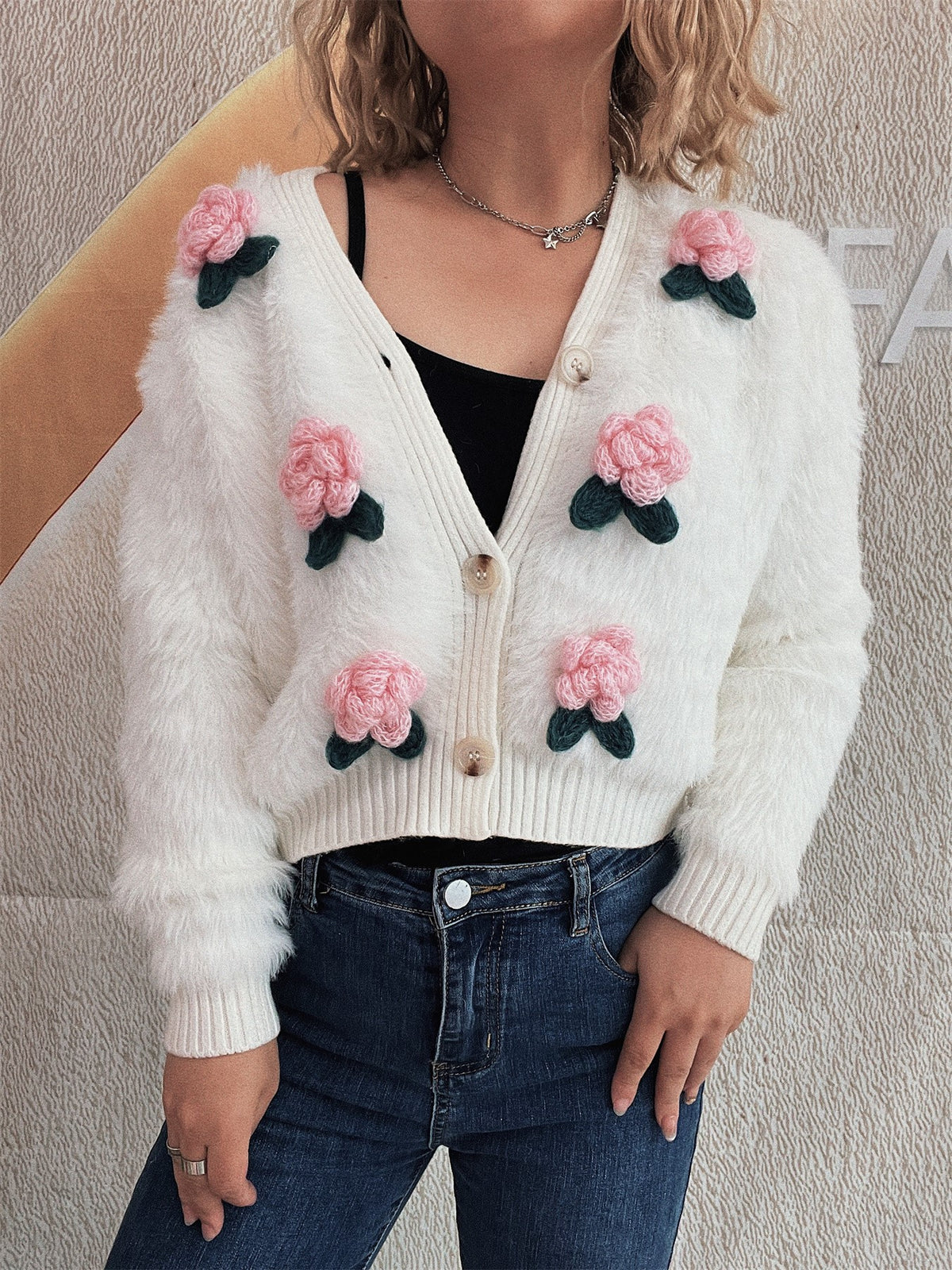 Fuzzy Knit Flower Applique Crop Cardigan - White - 3