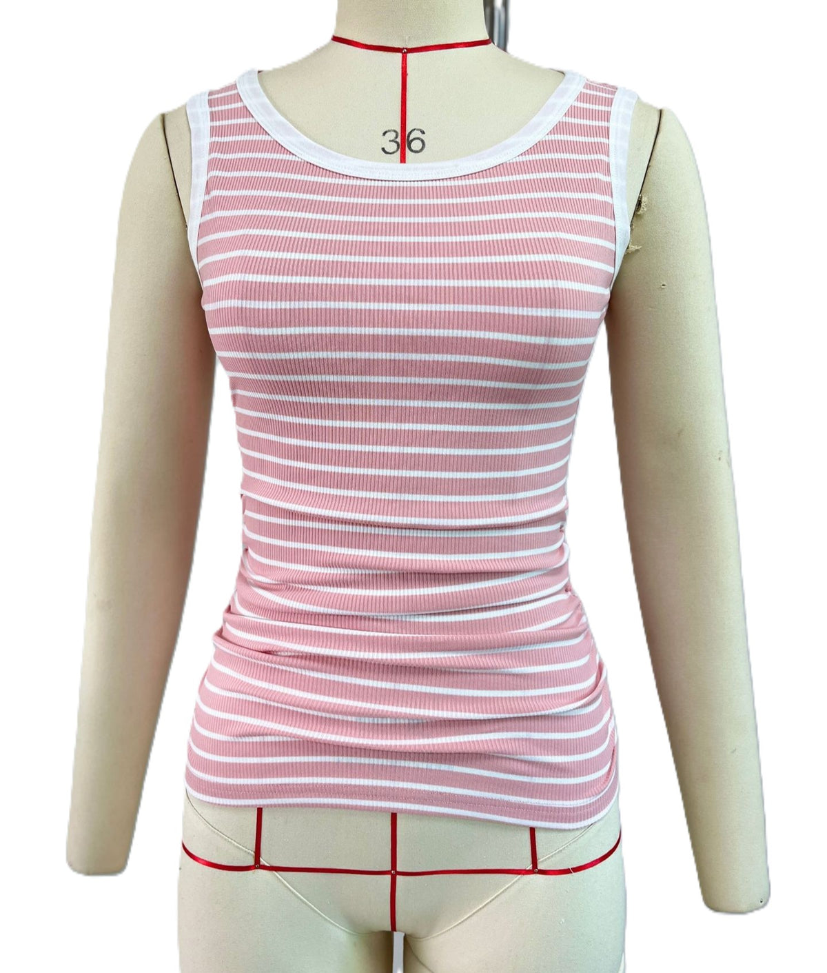Contrast Trim Striped Ribbed Tank Top - Pink