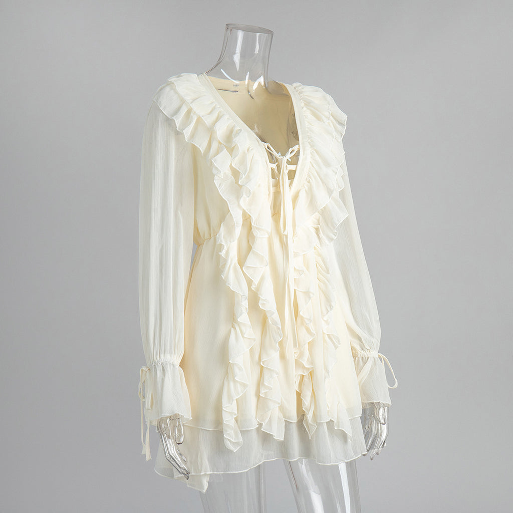 Ruffle Lace Up Chiffon Mini Dress - Beige - 1