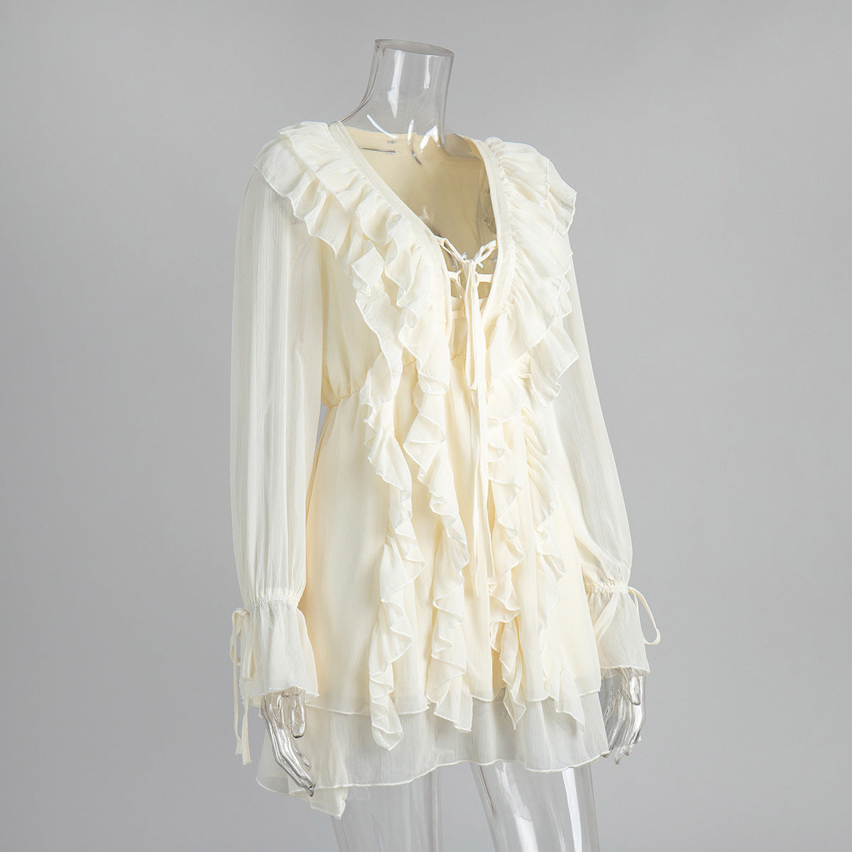 Ruffle Lace Up Chiffon Mini Dress - Beige - 1