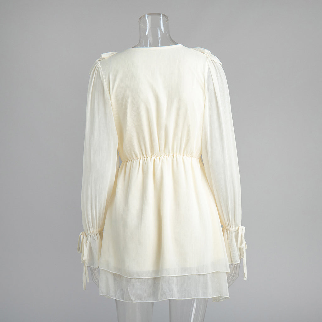 Ruffle Lace Up Chiffon Mini Dress - Beige - 2