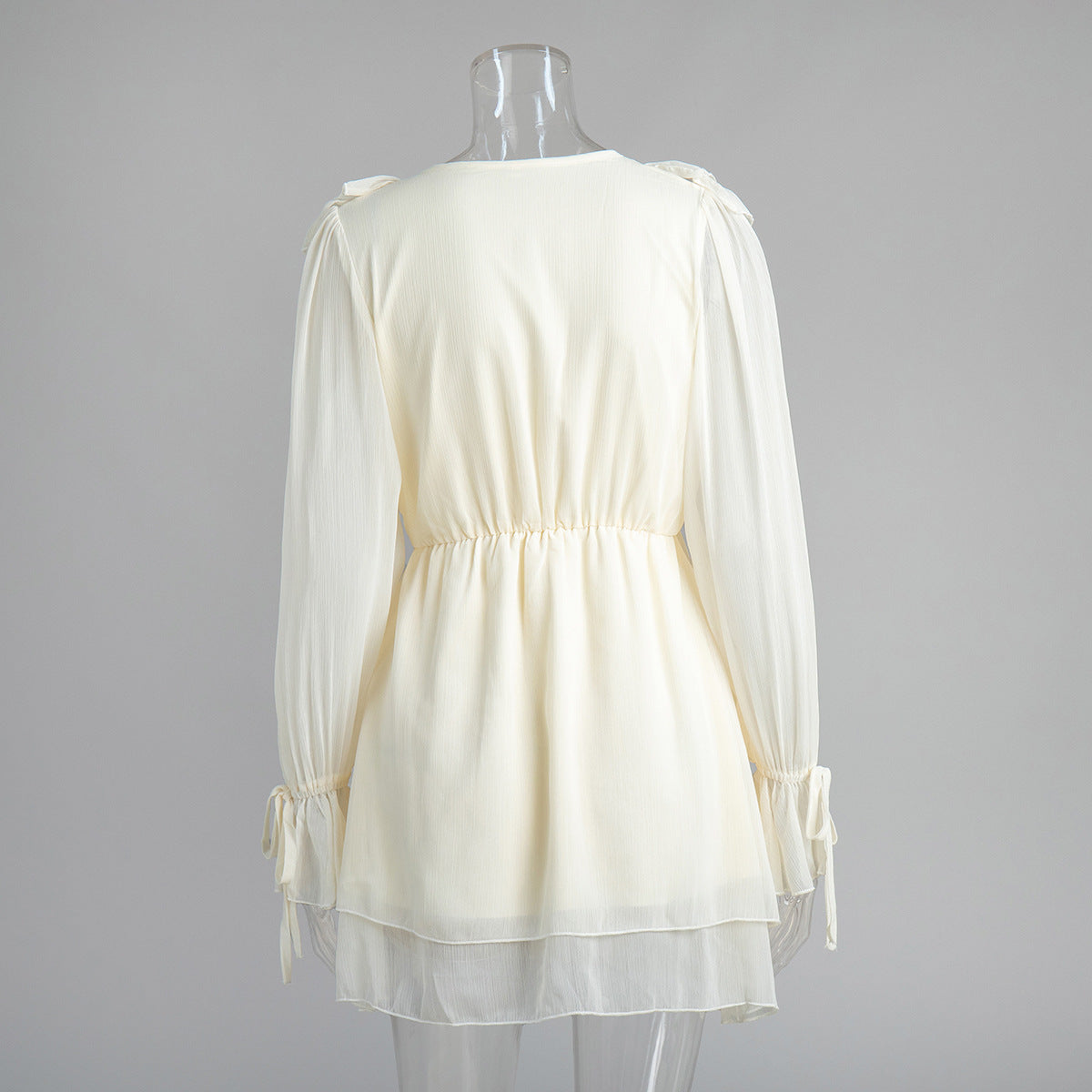 Ruffle Lace Up Chiffon Mini Dress - Beige - 2