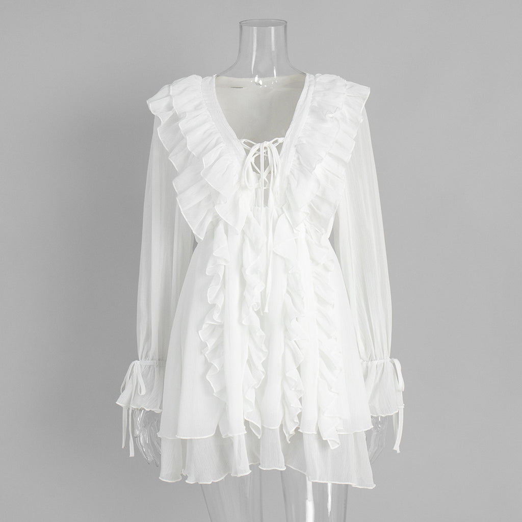 Ruffle Lace Up Chiffon Mini Dress - White
