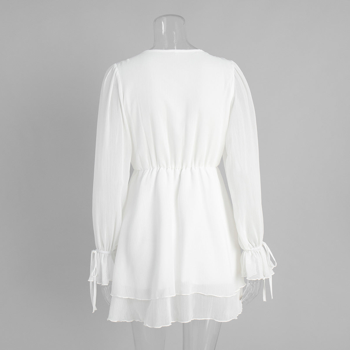 Ruffle Lace Up Chiffon Mini Dress - White - 1