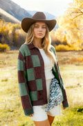 Retro Checkerboard Collared Knit Cardigan - Green