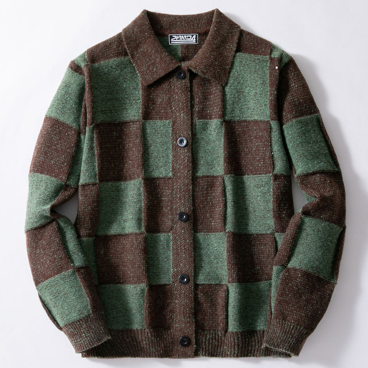 Retro Checkerboard Collared Knit Cardigan - Green - 1