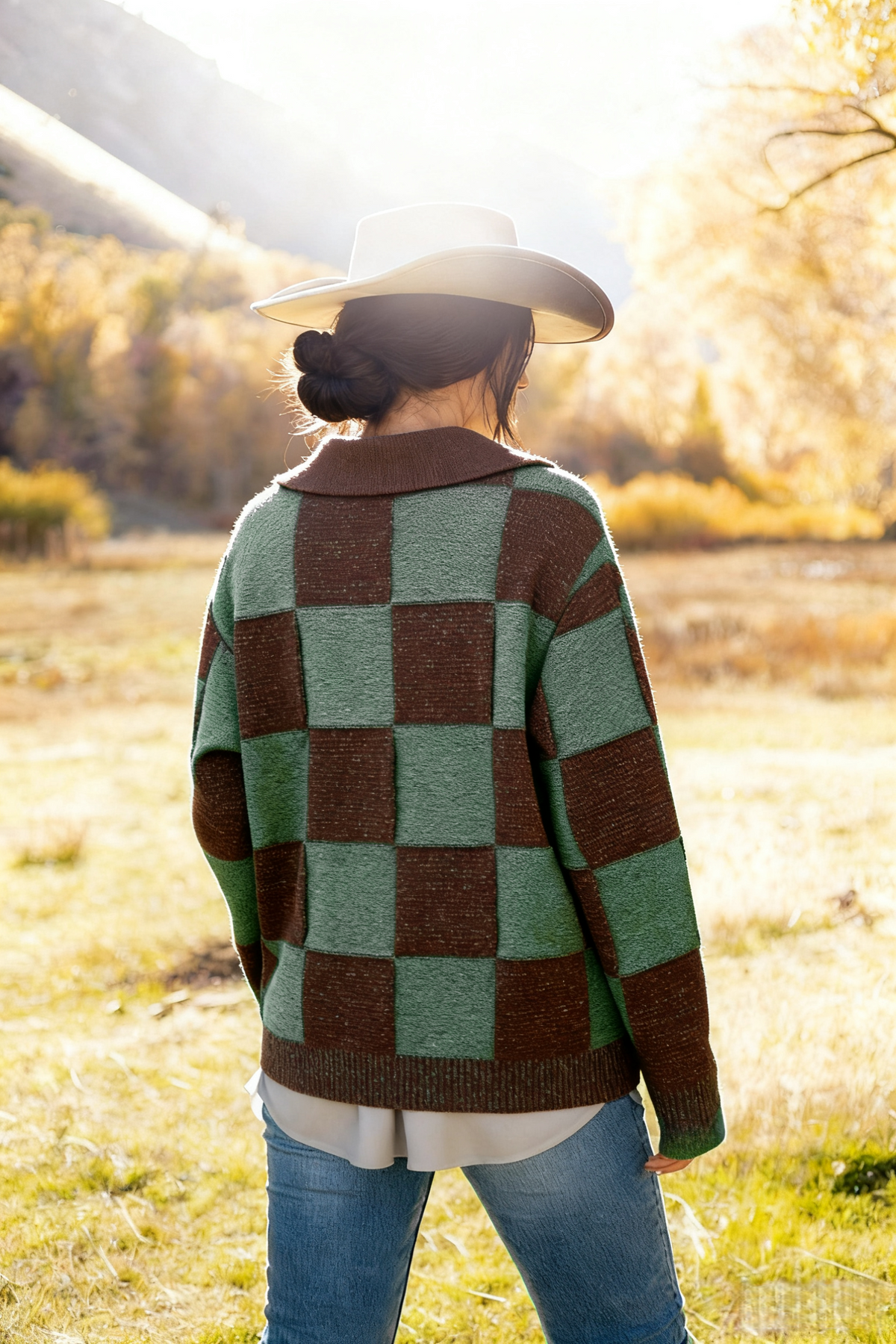 Retro Checkerboard Collared Knit Cardigan - Green - 2