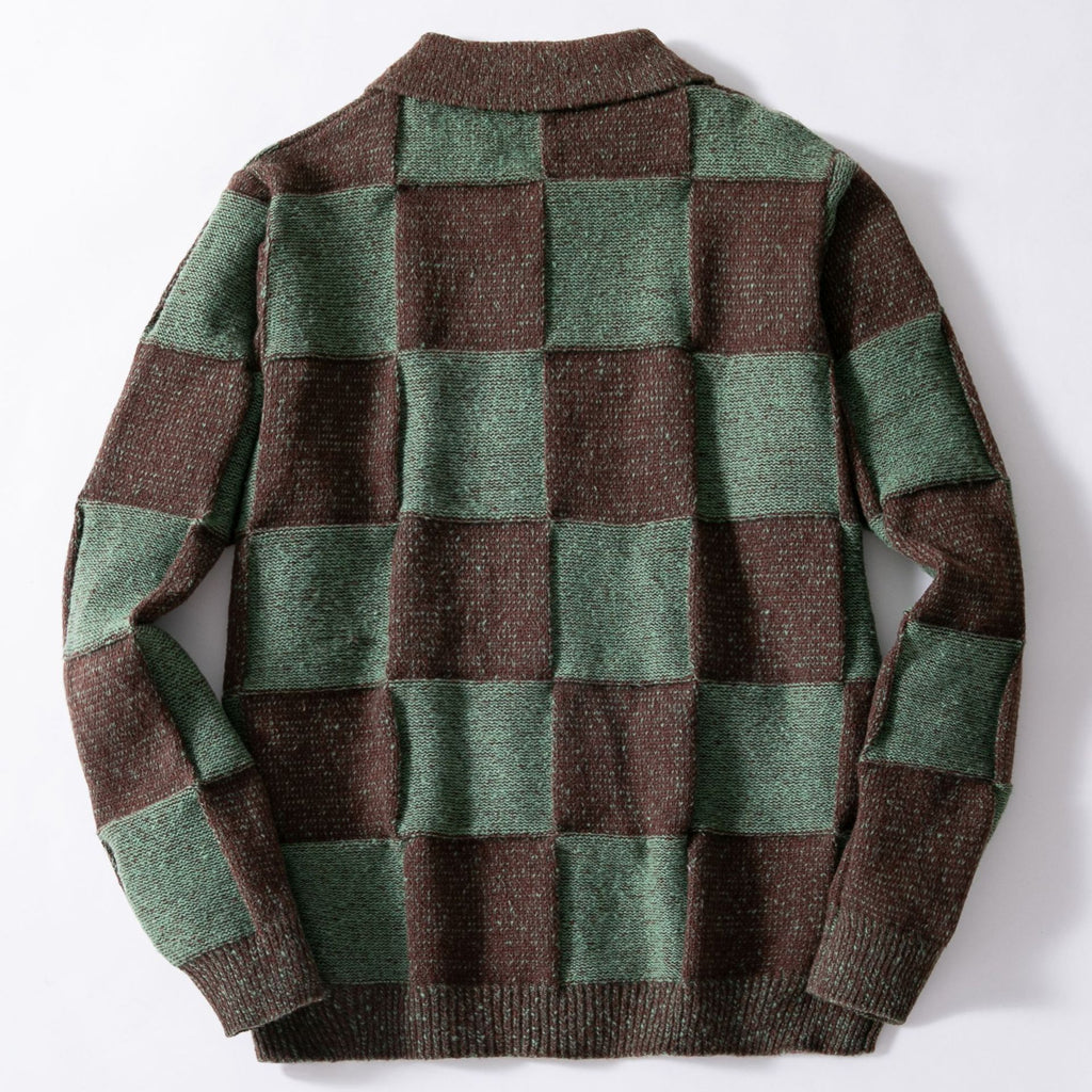 Retro Checkerboard Collared Knit Cardigan - Green - 3