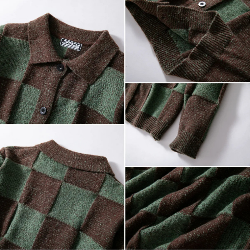 Retro Checkerboard Collared Knit Cardigan - Green - 4