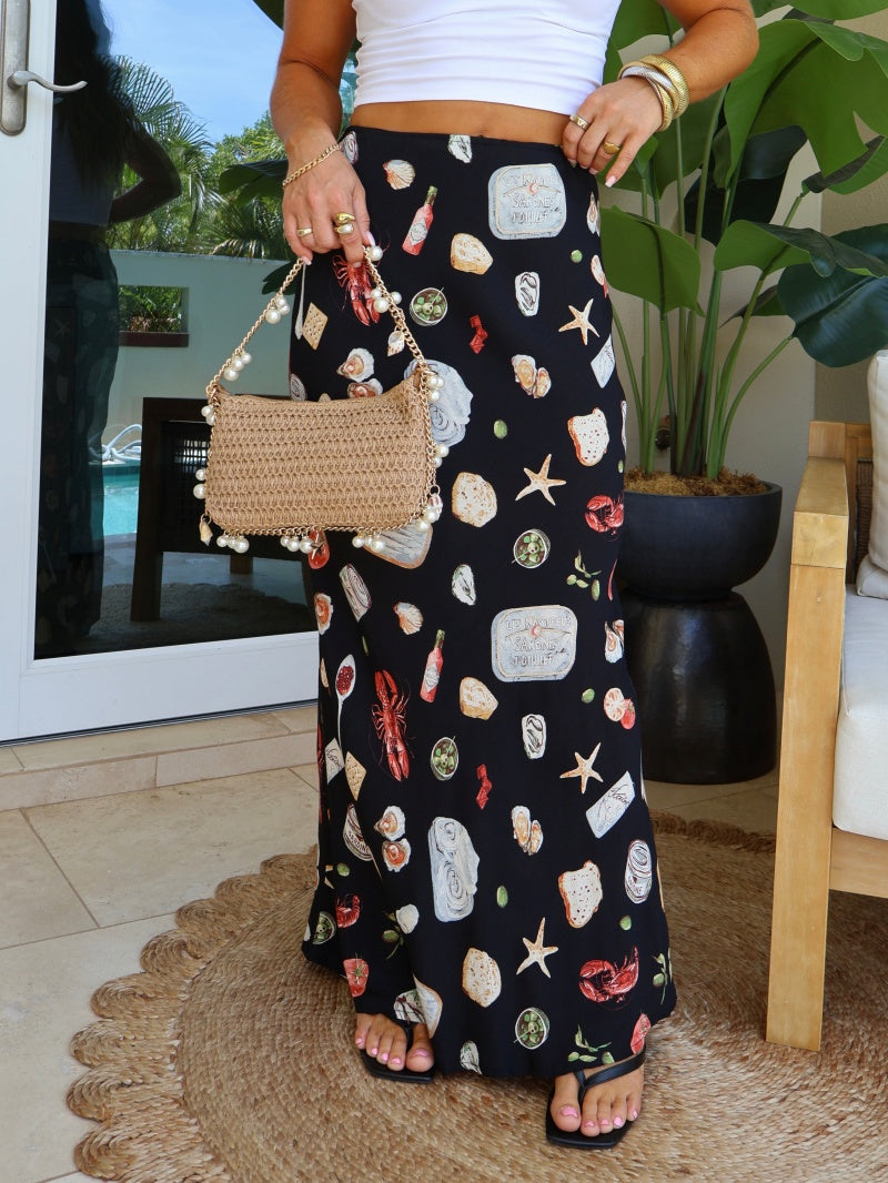 Boho Mediterranean Motif High-Waist Flowy Maxi Skirt - Black
