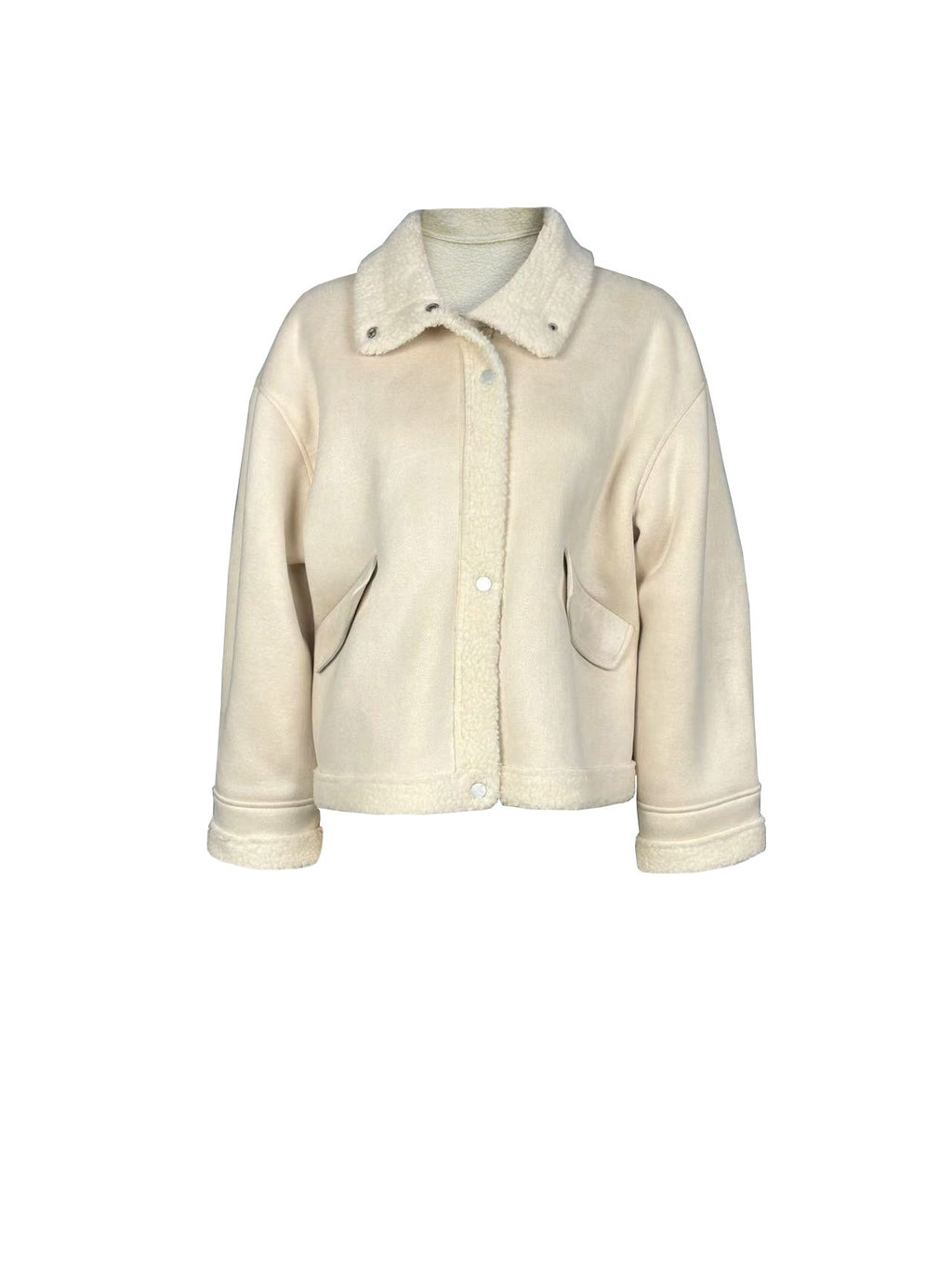 Faux Shearling Lined Suede Trucker Jacket - MilkyWhite