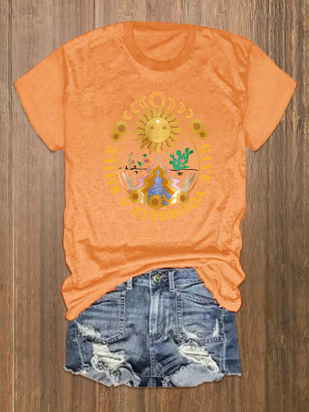 Celestial Sun and Cactus Graphic Tee - Orange