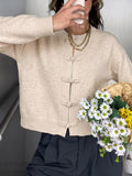 Frog Button Round Neck Knit Cardigan - Apricot