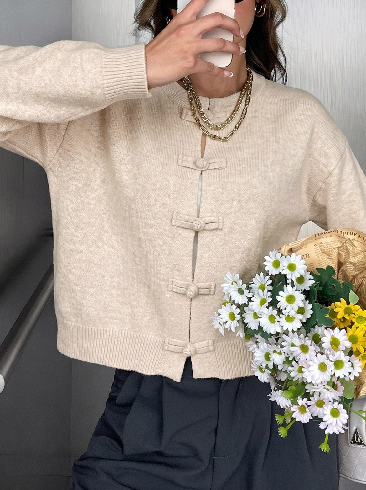 Frog Button Round Neck Knit Cardigan - Apricot