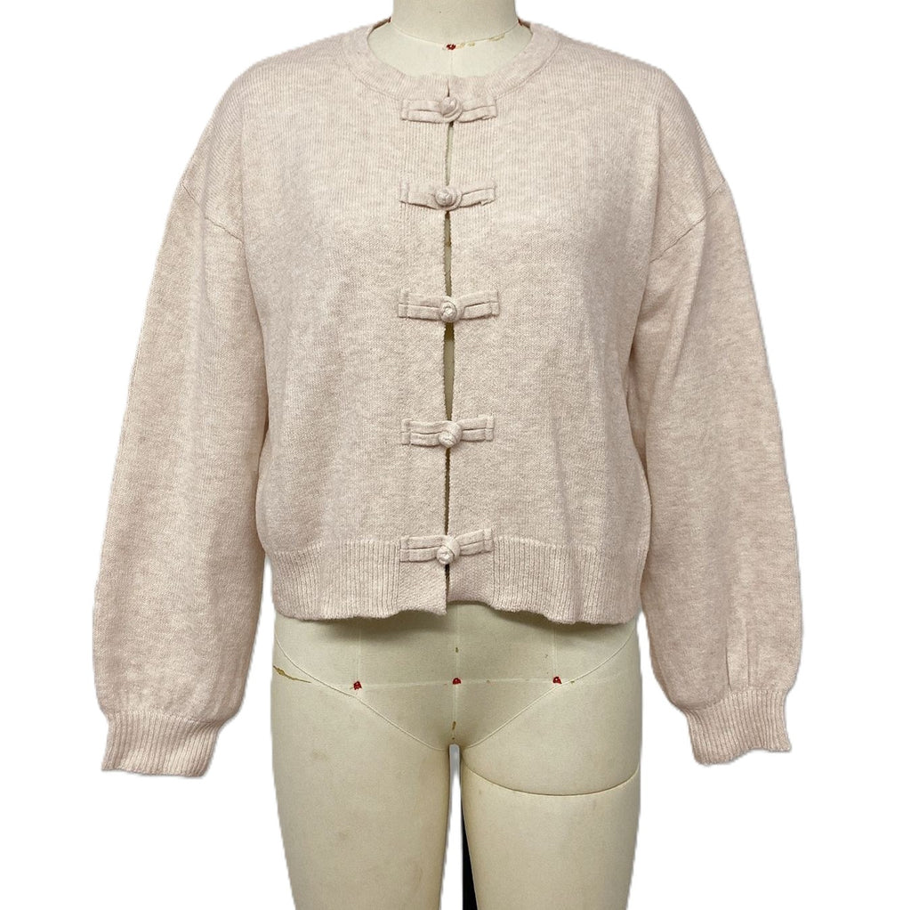 Frog Button Round Neck Knit Cardigan - Apricot - 1