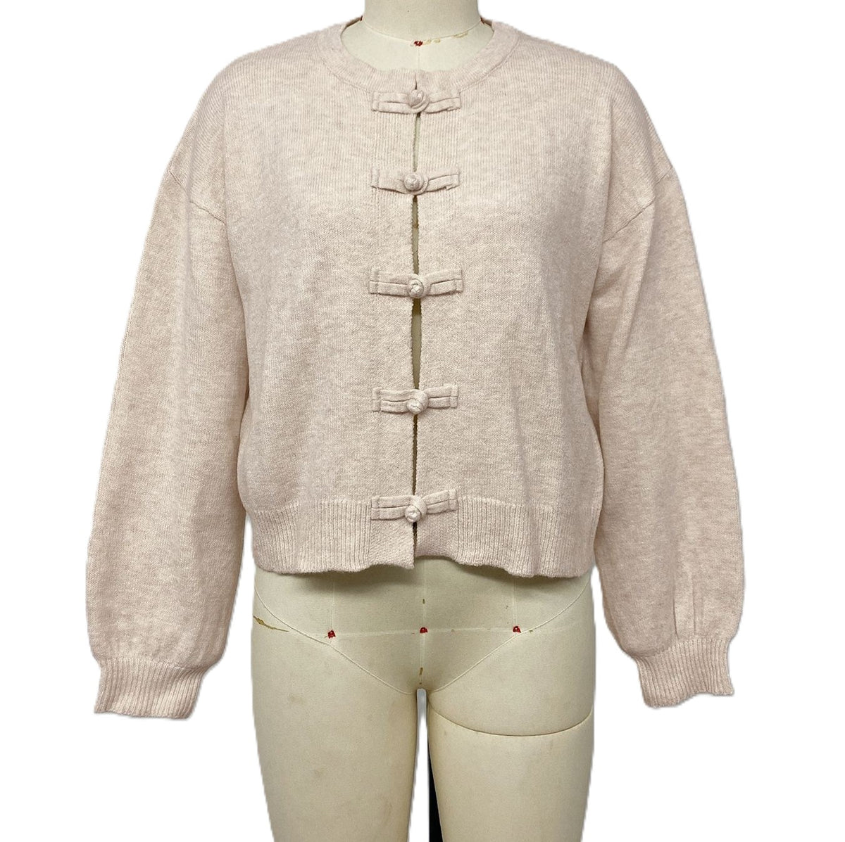Frog Button Round Neck Knit Cardigan - Apricot - 1