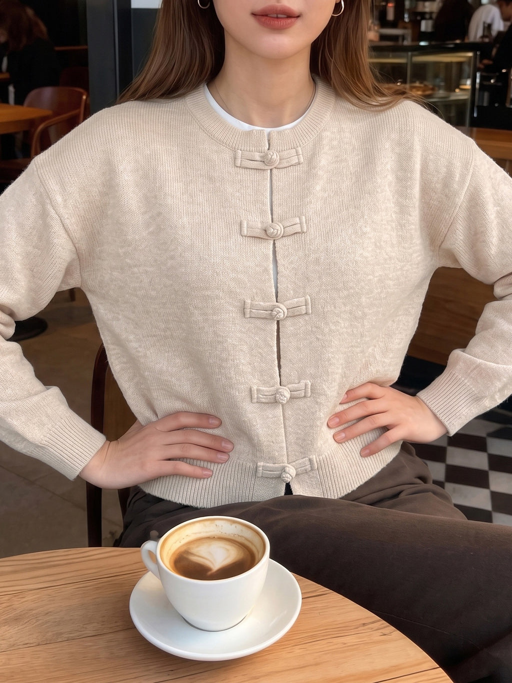 Frog Button Round Neck Knit Cardigan - Apricot - 3