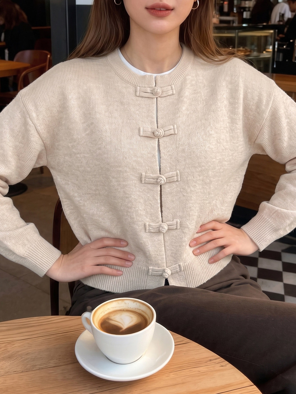 Frog Button Round Neck Knit Cardigan - Apricot - 3