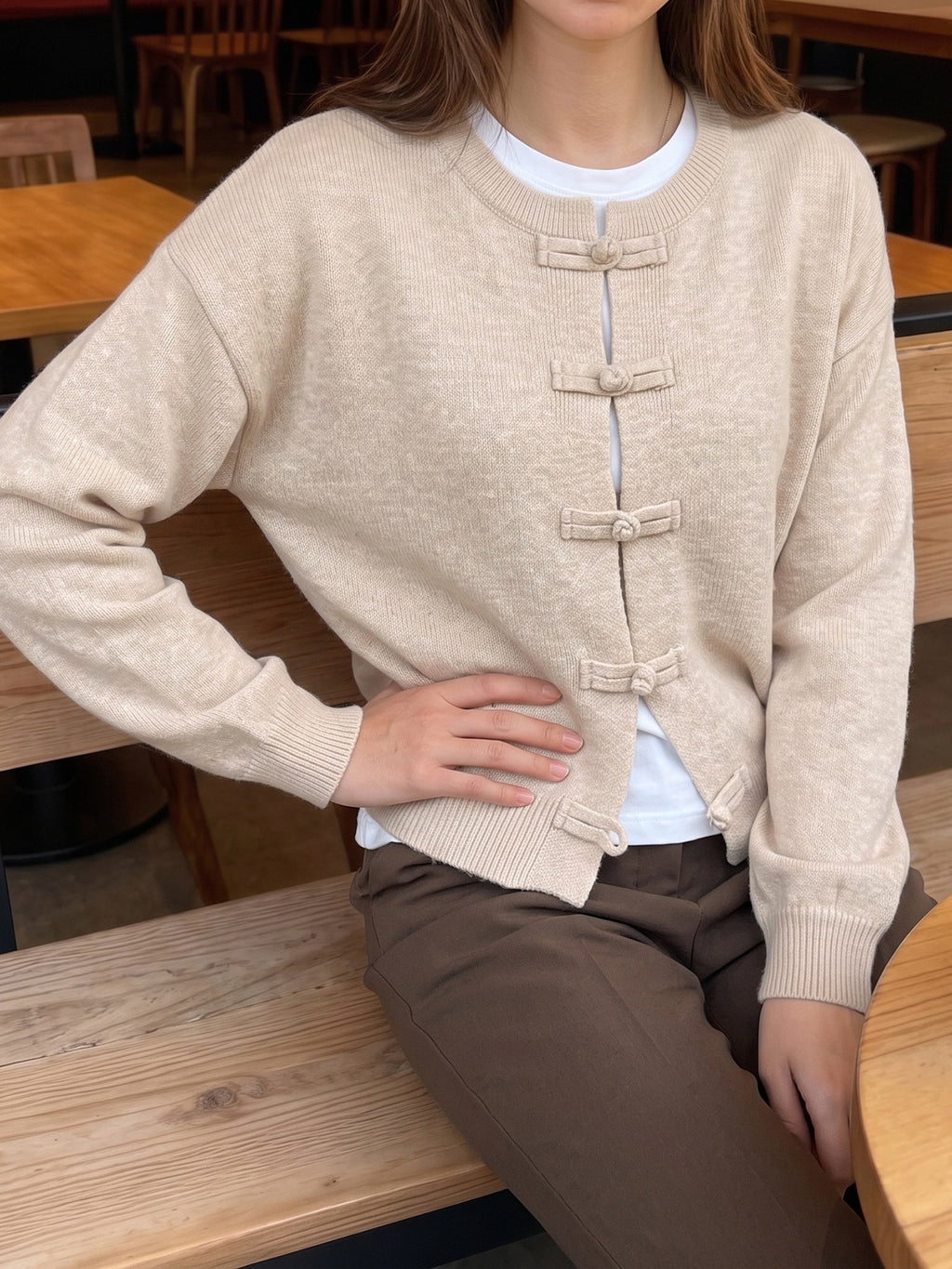 Frog Button Round Neck Knit Cardigan - Apricot - 4