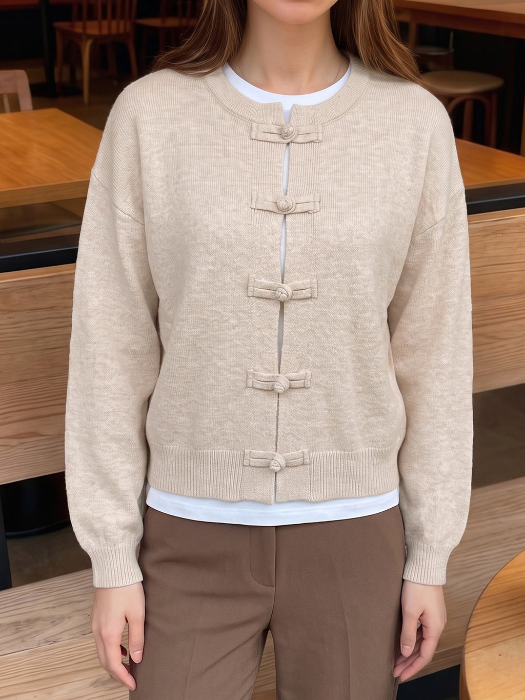Frog Button Round Neck Knit Cardigan - Apricot - 5
