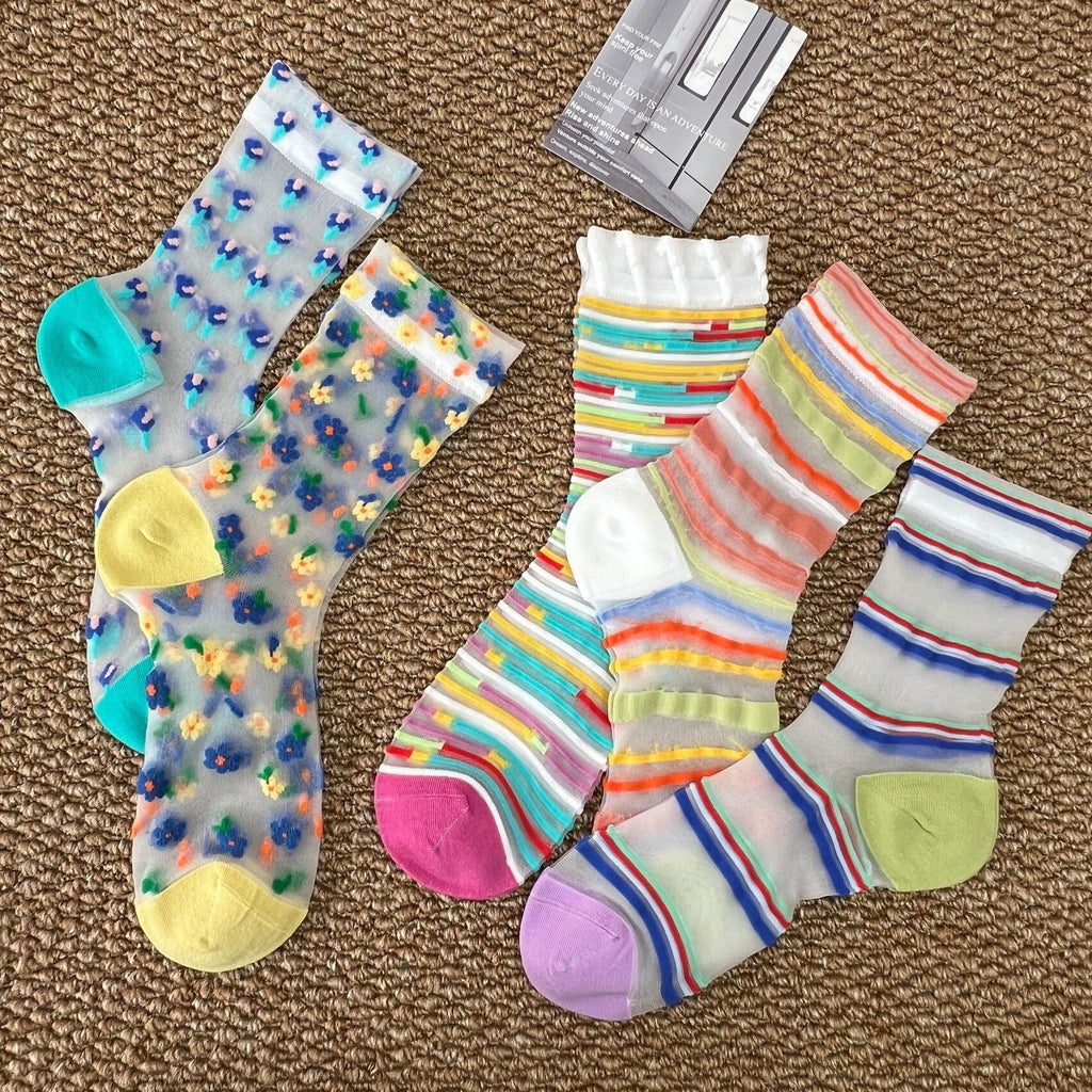Sheer Mesh Patterned Crew Socks - Purple