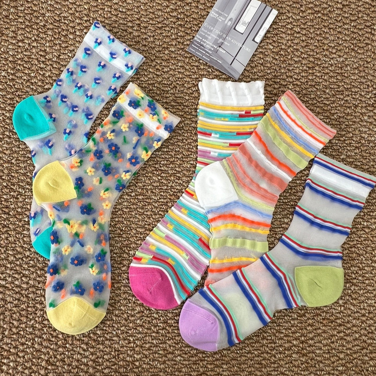 Sheer Mesh Patterned Crew Socks - Purple